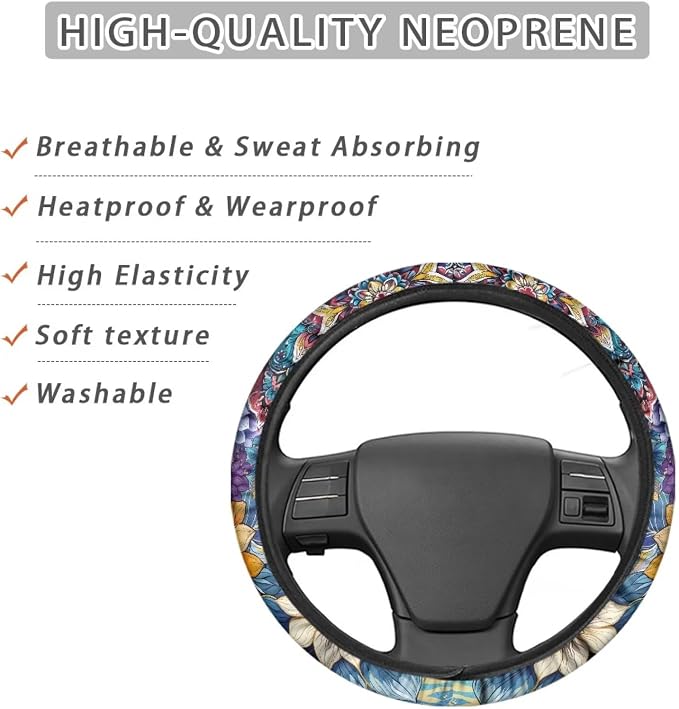 Car Steering Wheel Covers for Womens Boho Flower Steering Wheel Cover Soft Anti-Slip Rubber Stretch-on Steering Wheel Protector Cover Sweat Auto Accessories Interior Decor