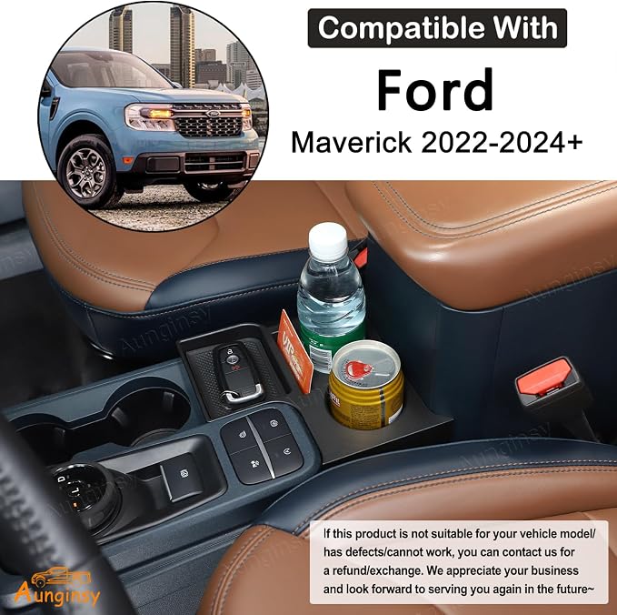 Center Console Cup Holder Organizer Compatible with Ford Maverick 2022-2026 | Front Seat Armrest Storage Box Dual Cupholder Insert Expander Tray Drink Water Bottle Holder with Mat Interior Accessories
