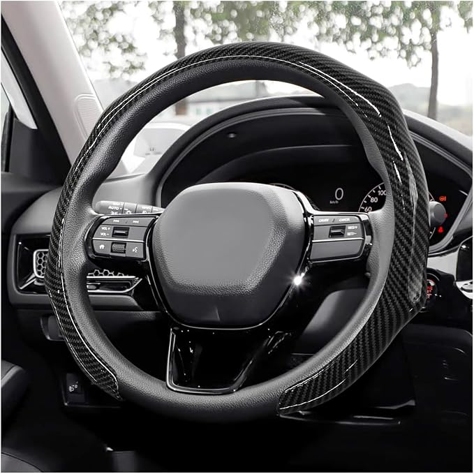Sun Walker Carbon Fiber Car Steering Wheel Cover, 15" Anti-Slip Wear-Resistant Steering Wheel Protector Stylish Interior Decor, Ultra-Thin Comfortable Leather Wheel Cover for Women Men (Black)