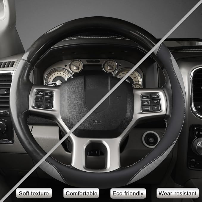 Customized Auto Car Steering Wheel Cover for Dodge RAM 1500 2500 3500, 15.5-16 inch (Black+Gray-Large Size)