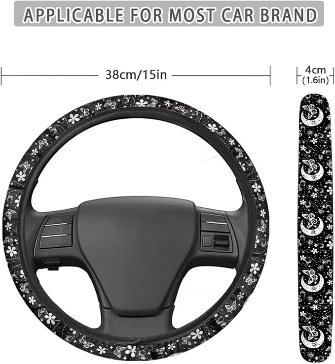 Moon Butterfly Star Flower Pattern Car Steering Wheel Cover with a Diameter of 15" Sports Style Auto Wheel Cover Vehicle Wheel Protector Steering Wheels Accessories for Car SUV Van Truck