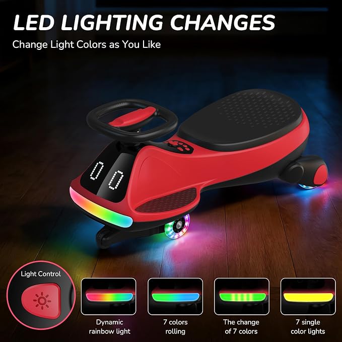 12V Electric Wiggle Car for Kids with Pedal, Display, Rechargeable Battery, LED Light, Bluetooth, Light-Up Wheels, Anti-Rollover, 2 Speeds, Ride on Toys, Birthday Gifts for Age 3+, 150Lbs