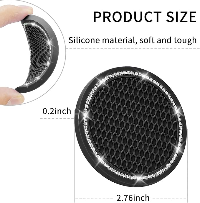 Car Coasters, 4 Pack Universal Vehicle Bling Car Coaster, Crystal Rhinestone Coaster for Cup Holders, Car Interior Accessories 2.75'' Silicone Anti Slip Car Coasters for Women (Black)