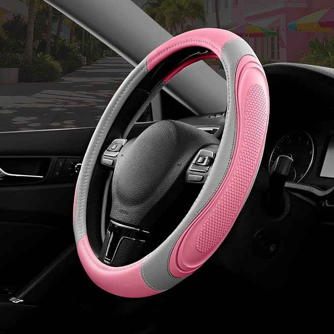 Car Steering Wheel Cover - Microfiber Leather Steering Wheel Wrap Sports 14.5-15 Inch Steering Wheel Cover Non-Slip for Men Women Pink & Gray Color