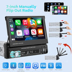 Single Din Flip Out Screen Car Stereo with Wireless Carplay and Android Auto, 7 inch 1 Din Touch Screen Radio Support Bluetooth/SWC/USB/FM + Backup Camera + Mic + Remote Control