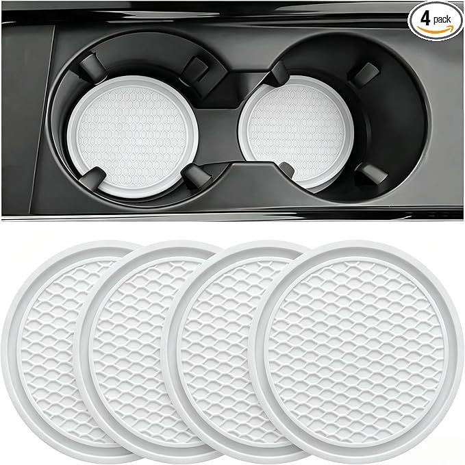 Car Cup Coaster, 4PCS Universal Auto Non-Slip Cup Holder Embedded in Ornaments Silicone Coaster, Car Interior Accessories Sets, White