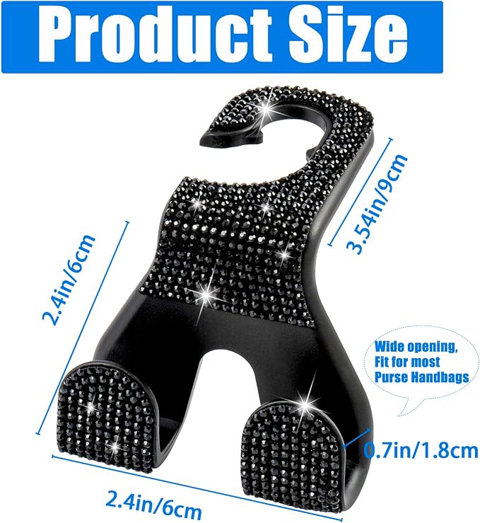 Bling Car Purse Hooks 2Pcs, Durable Car Headrest Hook, Holds 44Lbs, Double-Hooks, Wide-Opening, Rhinestone Automobile Purse Hangers Holder, Bling Car Accessories for Women, Black