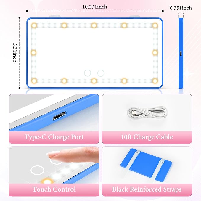 2PCS Car Sun Visor Vanity Mirror - Rechargeable Makeup Mirror with 60 LEDs, 3 Light Modes & Dimmable Touch Control for Cars, Trucks, SUVs, Car Interior Accessories for Women (Blue)