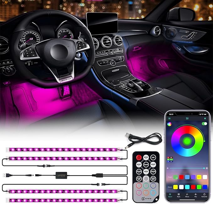 RGB LED Car Interior Bluetooth USB Light Strip, w/Wireless Remote and APP Control,4 PCS Under Dash Footwell Ambient Lights Kits, DIY Music Mode Universal for Vehicle Internal, SUV, Trucks