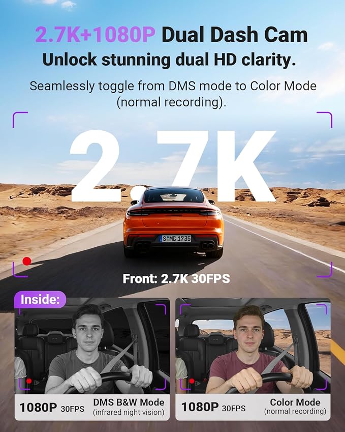 S1 Pro DMS AI Dash Cam Front and Inside, ADAS, DMS, 2.7K 2 Channel Dash Camera, STARVIS 2 Dashcam, HDR Night Vision, 5G WiF i& GPS, APP/Voice Control, 24/7 Parking Mode, 1TB Max