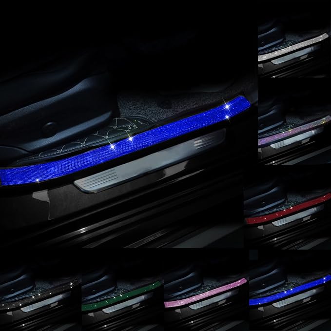Car Door Sill Protector with Bling Rhinestones 2PCS Edge Guard Scuff Cover Anti-Scratch Strip Sticker Bumper Protector for Truck 2.75"x23.62" (Blue)