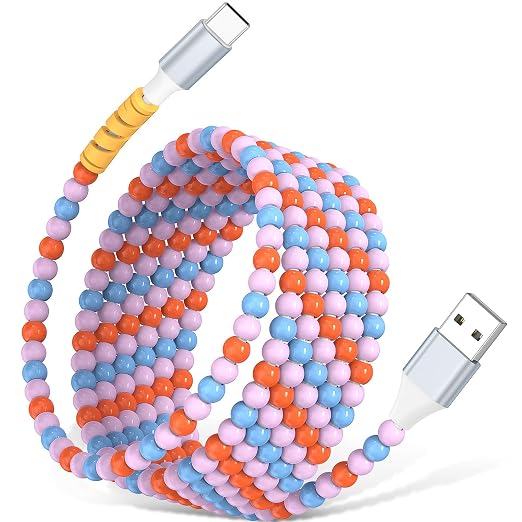 USB A to USB C Cable 6FT,Beaded Charger Cord for iPhone 17 16 Pro Max 17e 15 Car play,Type C Cute Car Charger Cord for iPad 10 11th A16/Samsung S26 S25 S24 S23 FE/Android Phone Girl Women,Blue-Orange