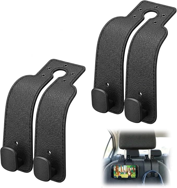 Headrest Hooks for Car, Car Seat Hooks for Headrest, Seat Back Storage Hook, Twinhook Leather Car Headrest Hangers, Seat Back Universal Fit Storage Organizer for Purses and Bags Cute (2, Black)