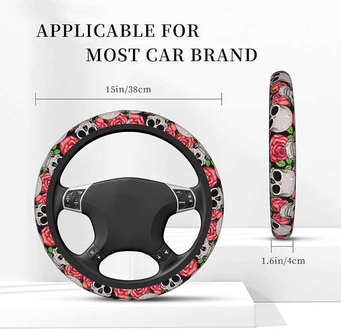 Watercolor Skull and Roses Car Steering Wheel Cover, Non-Slip Absorbing Sweat Car Wheel Cover Accessories for Men Women,Universal 15" Fit Auto SUV Vans Trucks