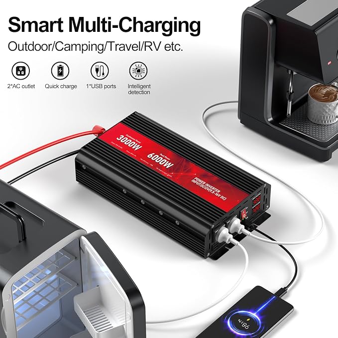 3000W Power Inverter 12V DC to 110V/120V AC, 6000W Peak Car Inverter with 2 AC Outlets, 2.4A USB Port & LCD Display, Portable Backup Power Converter for RV, Truck, Solar, Camping, Off-Grid & Emergency