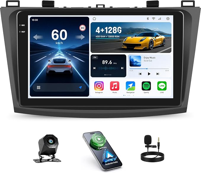 [4+128G] Android 15 Car Radio Stereo for Mazda 3 2009-2013 with Wireless Carplay&Android Auto,9 Inch Touchscreen Car Radio with Mirror Link Bluetooth FM/RDS WiFi GPS EQ SWC+AHD Backup Camera