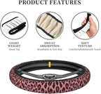 Red Leopard Print Steering Wheel Cover for Women, Steering Wheel Covers with Anti-Slip Lining, Universal 14.5-15 inchs Car Interior Accessories with 2PCS Car Coasters Suitable for Men and Women