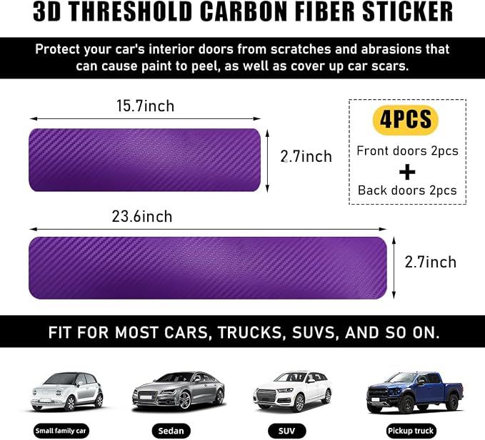 4 PCS Car Door Sill Protectors, Anti Scratch Carbon Fiber Auto Threshold Cover Strips, Decorative Door Entry Edge Scuff Sticker Universal for Most Vehicles, Car Accessories (Purple 3D)
