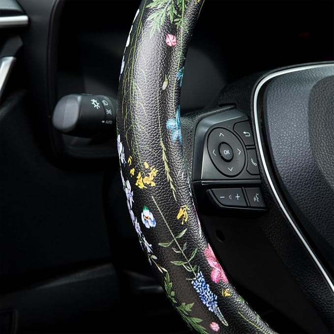 Multicolor Wildflower Steering Wheel Cover Auto Jacquard Steering Wheel Protector, Anti-Slip, Breathable, Absorbing Sweat, Universal Car Accessories 14.5–15 inch,Fit for Most Car, Trucks, SUV