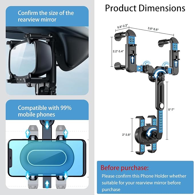 Rearview Mirror Phone Holder for Car, 360° Rotating and Retractable Multifunctional Rear View Phone Mount, Upgraded Four Corners Fixed Anti-Shake Fit All Smartphones & Bigger Vehicle