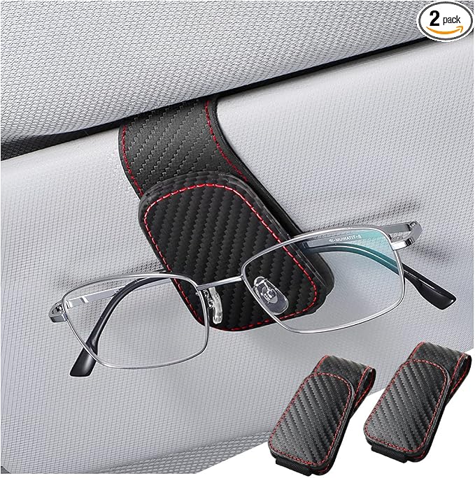 Sunglasses Holder for Car Sun Visor, 2 PCS Magnetic Leather Eyeglass Hanger, Sun Glasses Mount Clip on Visors, Ticket Card Cash Organizer, Auto Interior Accessories (Carbon Fiber)