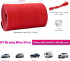 Genuine Leather Steering Wheel Cover, Stitch on Wrap, Breathable Anti-Slip Car Steering Wheel Protector for Max Diameter 15 Inch, DIY Sewing with Needles Thread (Red, Middle Hole)