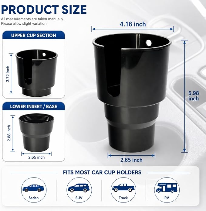 Car Cup Holder Expander for Large Bottles, Fits 32 oz to 40 oz Water Bottles and Handle Mugs, Secure Base for Most Vehicle Cup Holders, Durable ABS, Easy to Install, Durable ABS (Black)