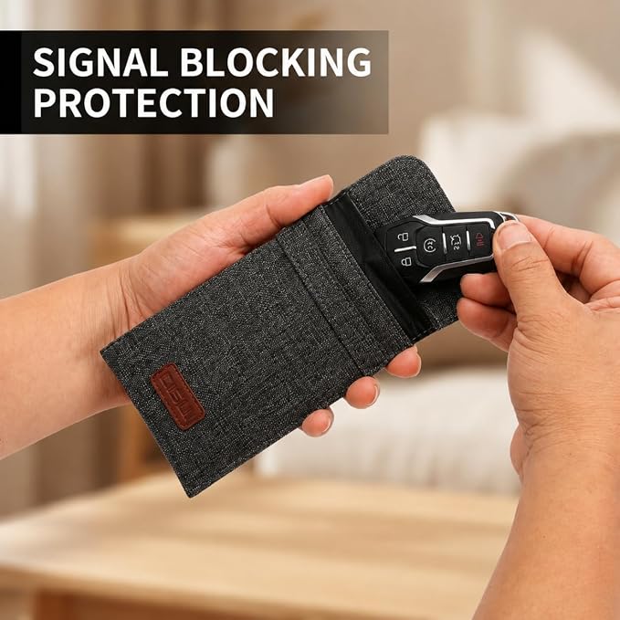 Faraday Bag for Car Keys, 4-Layer Key Fob Signal Blocker Pouch (Grey) | 2026 upgraded RFID guard shielding case for keyless entry anti-theft. Durable Oxford fabric with secure hook for all fobs