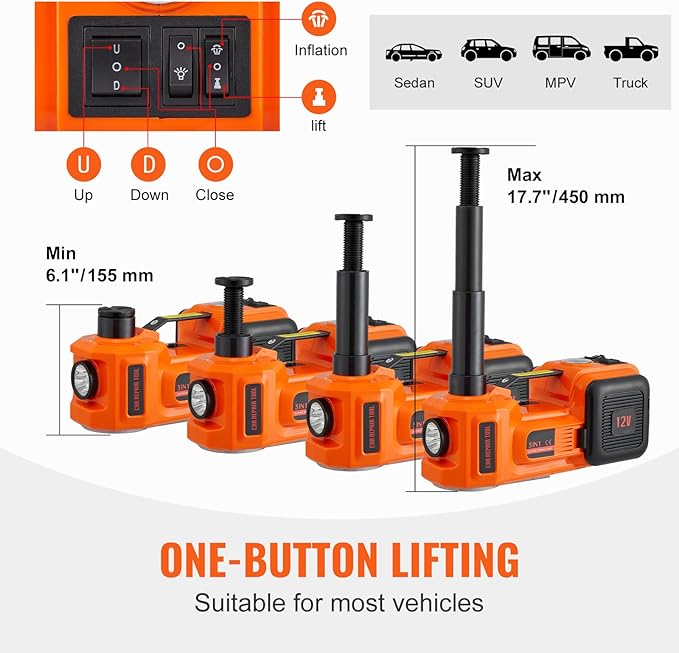 Electric Car Jack 5 Ton with Electric Impact Wrench & Inflator Pump | 12V 11023 lbs Hydraulic Floor Jack, Portable Tire Changing Kit, with LED Light, for SUV Sedan Truck, Garage Repair Tool