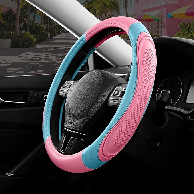 Car Steering Wheel Cover - Microfiber Leather Steering Wheel Wrap Sports 14.5-15 Inch Steering Wheel Cover Non-Slip for Men Women Pink & Blue Color