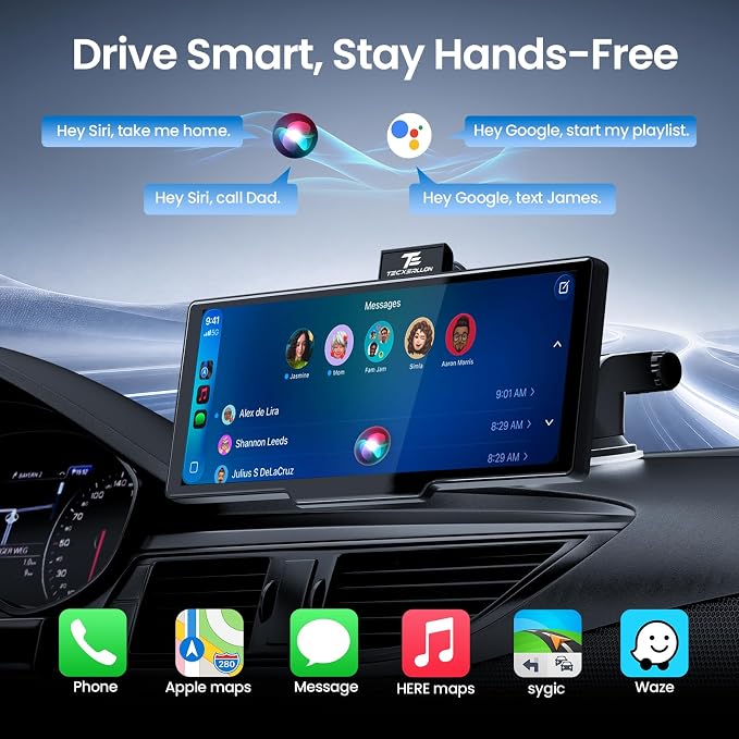 10.26" Portable Apple CarPlay Screen for Car with 4K Dash Cam and 1080P Backup Camera, Wireless Car Play & Android Auto, OTA, GPS Navigation, Voice Control, Mirror Link