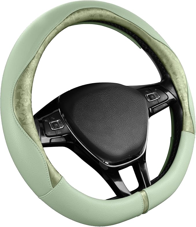 Steering Wheel Cover, Green Patterned Leather Patchwork Design, Universal Fit 14.5"–15.5" D-Shape Steering Cover, Soft PU Grain Leather, Durable Grip Car Accessory for Girls & Women