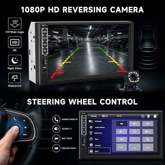 7" Car Stereo Double Din Touch Screen Car Radio Audio Receiver FM Radio Bluetooth Video Remote Control MP5/4/3 Player Android Phone Mirror Link USB/SD/AUX Hands Free Calling with Camera