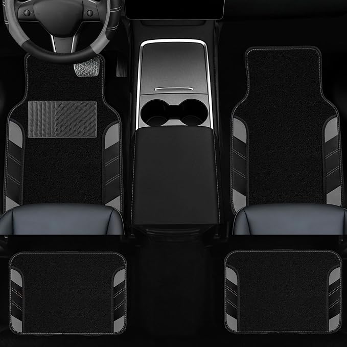 10 Pcs Car Floor Mats Full Set & Sport Leather Steering Wheel Cover 14.5-15 inch, Center Console Cover, Seat Belt Cushion, Cup Holder Coaster, Universal Automobile Interior Sets (Grey)