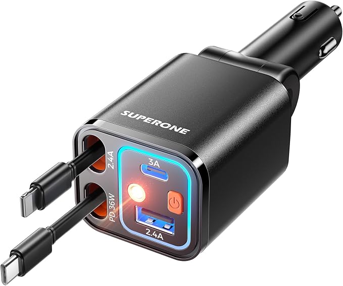 Retractable Car Charger, 69W Car Charger Adapter for iPhone 17 USB C Charger Fast Charging with Starry Light, Car Accessories Compatible with iPhone 17/16/15/14/13/12, iPad, Android, Pixel