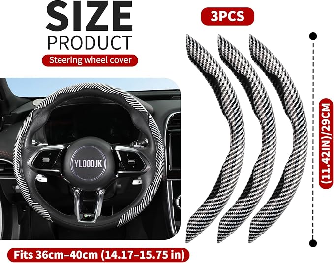 Universal Steering Wheel Cover,Carbon Fiber,3pcs Set(silver) | Clip-On Segmented Fit;Carbon Fiber Look;Fits Most 14-16 in Round or D-Shaped Wheels;Easy Wipe Clean;Non Slip;4 Colors