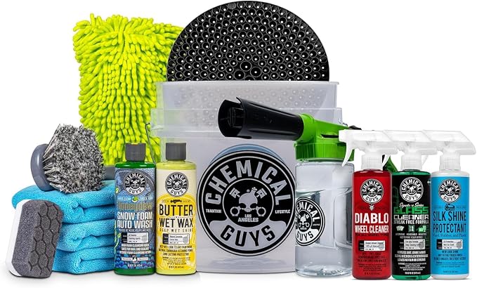 Car Wash Kit 14-Pc Arsenal Builder - with Foam Blaster, Wash Bucket, Towels, Applicators, and 16 oz Soaps, Waxes, and Cleaners - Complete Car Detailing Gift Set, Works with Garden Hose