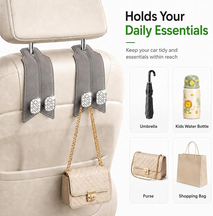 2Pcs Bling Car Headrest Hooks, Premium Leather & Sparkling Rhinestone Dual Metal Hooks, Back Seat Organizer for Bags, Coats, Purses and Groceries (Crystal Gray)