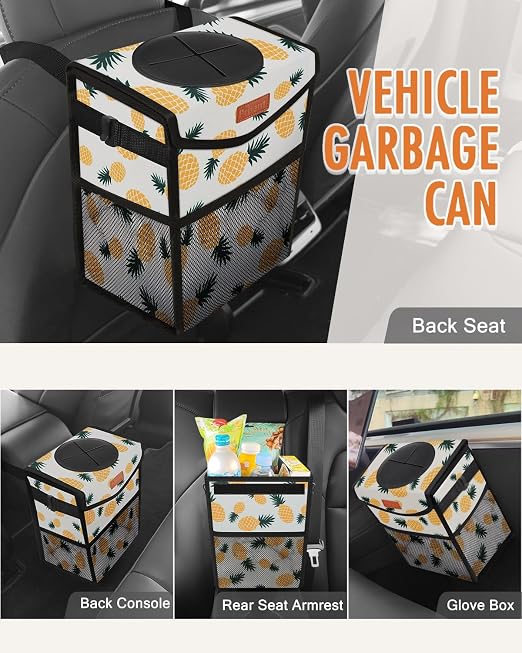 Car Trash Can with Lid, Cute Leakproof Car Trash Garbage Bag Hanging Vehicle Trash Bin Small Portable Automotive Garbage Cans Organizer for Back/Front Seat/Console(2.8 gal,Pineapple Print