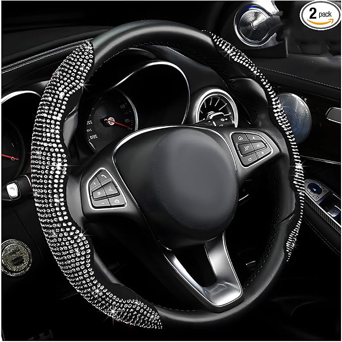 2 PCS Steering Wheel Cover, Segmented Car Wheel Covers with Crystal Rhinestones, Non-Slip Protector Bling Sparkly Decoration for Most Steering Wheels, Car Accessories (White)