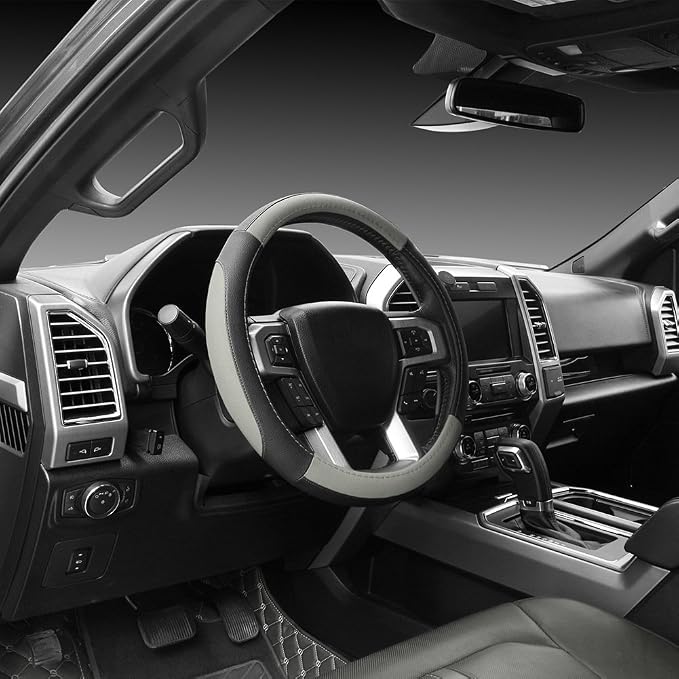 Car Steering Wheel Cover for F-150 Tundra Range Rover 15.5-16 inch, Black and Gray Microfiber Leather