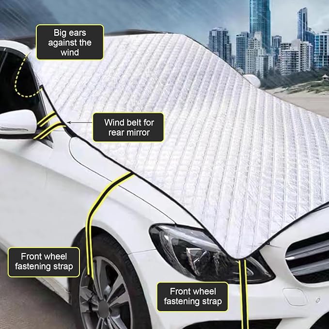 Half Car Cover, Winter Anti-freeze Snow Shield for Windshield Hood, Thicken Foldable Outdoor Protector with Windproof Fastening Strap, All-season Anti-scratch Cloth for Cars (Silver)