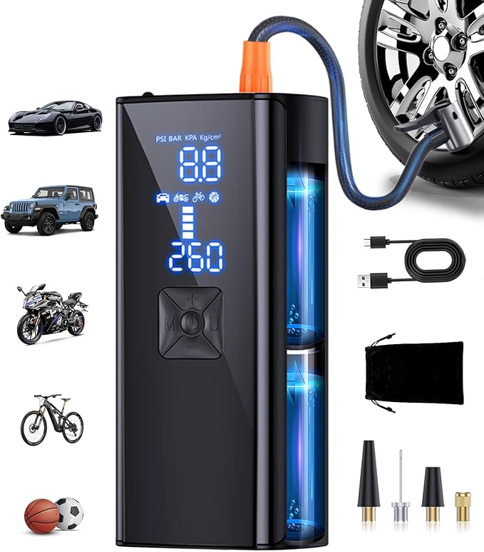 Tire Inflator Portable Air Compressor, Cordless Tire Pump with 150 PSI Digital Pressure Gauge & LED Light, 2X Fast Inflation Air Pump for Cars, Bikes, Motorcycles, Balls
