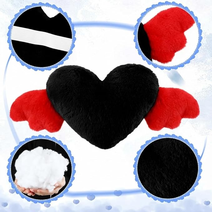2 Pcs Plush Heart Shaped Pillow with Angel Wings Car Headrest Soft Comfortable Seat Pillow for Driving Travelling Room Office Car Decor, 19.7 x 8.3 Inch(Black, Red)