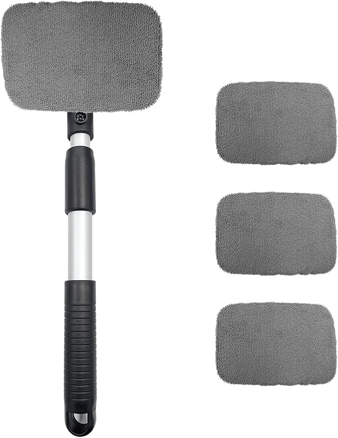 Car Windshield Cleaner Tool, Detachable Car Window Cleaner with Aluminum Extendable Handle & 2 Reusable Cloth Pads, Washable Vehicle Windshield Cleaning Wand for Exterior (Gray)