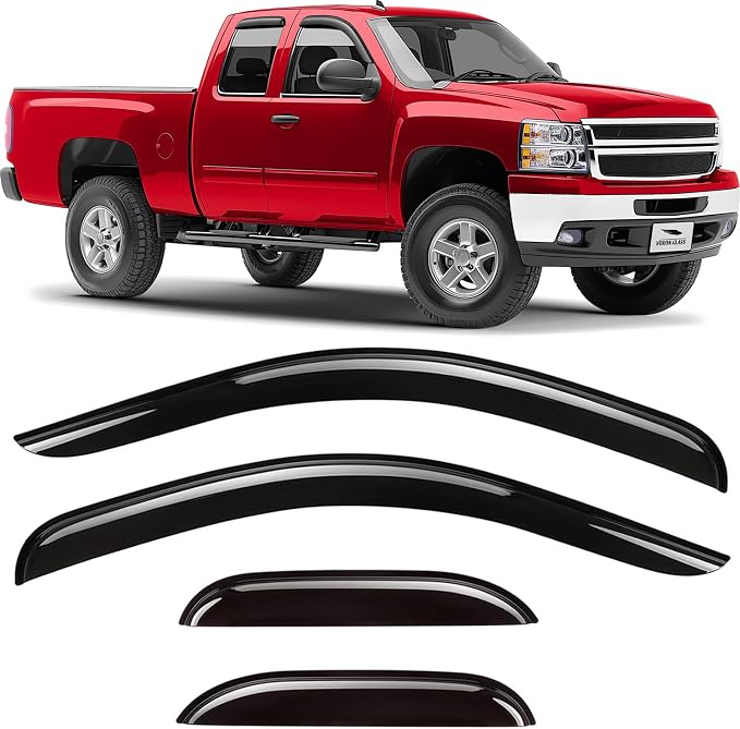 Voron Glass Tape-on Extra Durable Rain Guards for Trucks Chevrolet (Chevy) Silverado/GMC Sierra 2007-2013 Extended Cab, Window Deflectors, Vent Window Visors, 4 Pieces - 130093f