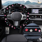 Cute Embroidery Flower Steering Wheel Cover, Non-Slip Floral Steering Wheel Protector with 4 PCS Flowers Car Air Vent Clips, Universal Car Interior Decorations for Women Girls