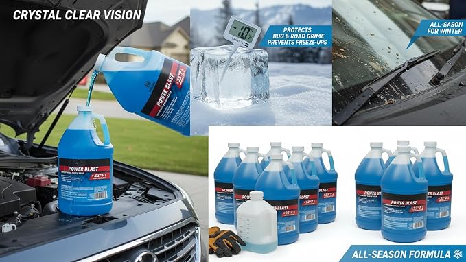 (6 Gallons) - Power Blast Windshield Washer Fluid, +32°F Protection, Blue, 1 Gallon Jug, Ready to Use (6 GALLONS, Blue Power Blast +32°F)