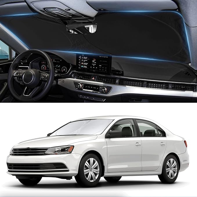 Custom Fit VW Jetta Windshield Sunshade for 2011-2017 2018 Volkswagen VW Jetta Accessories Front Window Shield 210T Silver Coating Cover for Volkswagen Windshield Sun Visor Protector Blocks UV