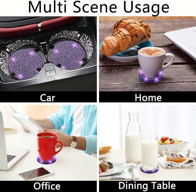 2pcs Bling Car Cup Holder Coaster, 2.75 inch Anti-Slip Shockproof Universal Car Coasters Insert Bling Crystal Rhinestone Automotive Interior Accessories for Women (2 pcs, Purple Violet)